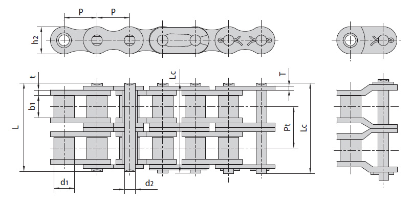 Цепи приводные роликовые ISO 606-94, DIN 8187-1 (B Серия) двухрядные. Схема