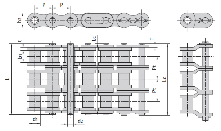 Цепи приводные роликовые ISO 606-94, DIN 8187-1 (B Серия) трехрядные. Схема