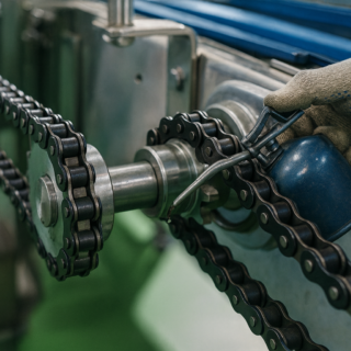 Обслуживание приводной роликовой цепи ПР — рабочий в перчатке смазывает цепной привод маслёнкой на промышленном оборудовании.