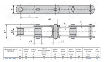Technical drawing of a chain with rollers and side plates, showing dimensions (t, d3, d2, d1, h, s) and a data table for chain M112-2-160-1 used in machinery