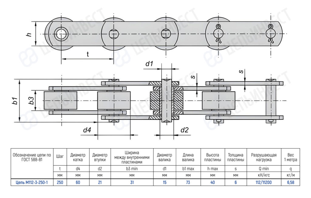 Technical drawing of a roller chain with side and top views, showing dimensions and a specification table for chain M112-3-250-1 (pitch 250 mm).
