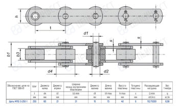 Technical drawing of a roller chain with side and top views, showing dimensions and a specification table for chain M112-3-250-1 (pitch 250 mm).