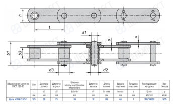 Top and side views of a roller chain with pins, rollers and link plates, including dimension lines and a specification table.