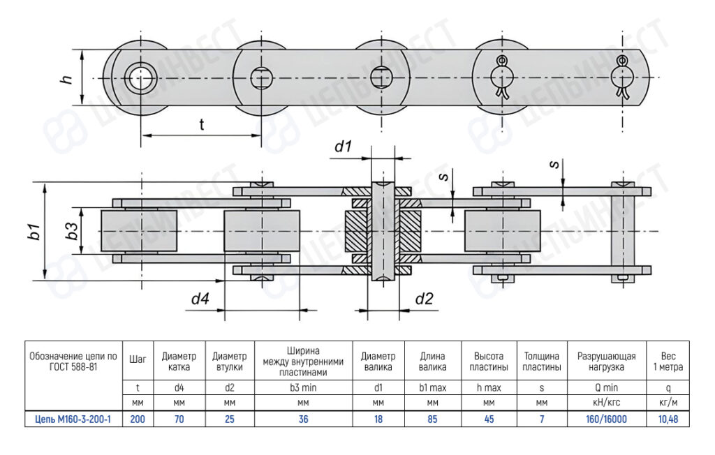 Engineering drawing of ГОСТ M chain M160-3-200-1 with side and top views; pitch 200 mm, roller diameter 70 mm, bushing diameter 25 mm, wheel spacer 36 mm, pin diameter 18 mm, pin length 85 mm, plate height 45 mm, plate thickness 7 mm; breaking load 160/16000 N, weight 10.48 kg/m.