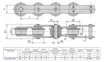 Engineering drawing of a four-sprocket roller chain (M160-4-200-1): top view and side sectional view with dimension lines and a specification table detailing chain geometry and sizes.