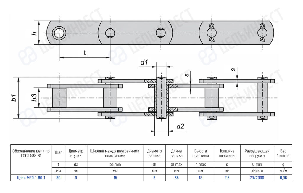Technical drawing of a roller chain with side and top views and a specification table detailing dimensions and parts for chain M20-1-80-1.