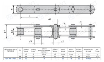 Technical drawing of a roller chain showing top and side views, with three rollers and dimension lines (t, d1, d2, d3, h, s) and a specification table in Russian.