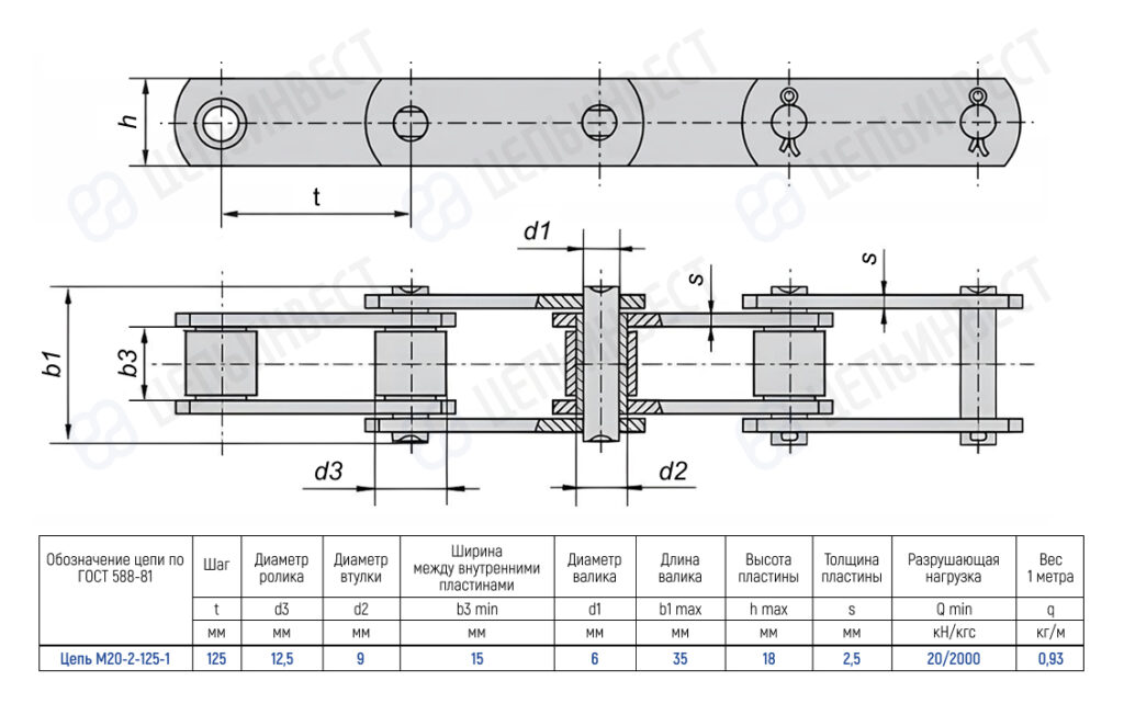 Technical drawing of a roller chain with pin holes and a dimension table for chain M20-2-125-1.