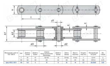Technical drawing of a roller chain with pin holes and a dimension table for chain M20-2-125-1.
