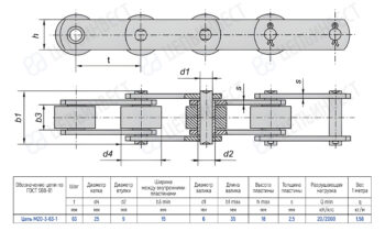Technical drawing of a roller chain with dimensioned views and a spec table (pitch, diameters, lengths, loads) for chain M20-3-63-1.