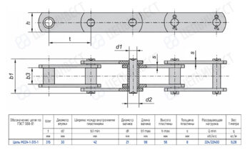 Engineering drawing of a roller chain with top and side views, showing pins, plates and rollers. Includes dimensions (pitch t=315 mm, inner width between plates 42 mm, roller diameter d1=21 mm, bore d2=30 mm, plate height h up to 56 mm, plate thickness s=8 mm, outer length b1 up to 98 mm) and a specification table for chain M224-1-315-1, noting breaking load 224 kN and weight 9.28 kg/m.