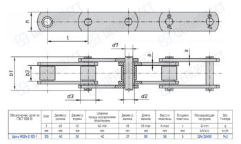 Technical drawing of a roller chain with top and side views and a dimensions table (pitch 125 mm; roller diameter 42 mm; inner-plate spacing 42 mm; overall height 56 mm).
