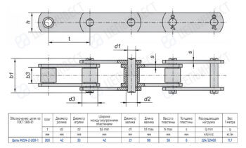 Technical drawing of a roller chain with pins and plates, showing top and side views and a specification table for chain type M224-2-200-1.