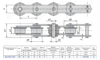 Technical drawing of a roller chain with five rollers, shown in plan and cross-section, indicating pins, rollers, and plates with a dimensions table.