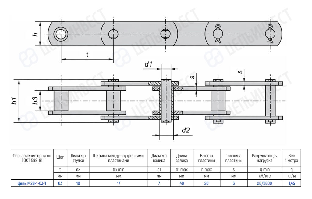 Engineering drawing of a roller chain segment with three links, shown in top and side views with a dimension table nearby.