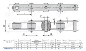Top and side views of a roller chain with four rollers, showing pin connections and inner plates. Dimensions labeled include pitch t, inner width d4, roller diameter d2, pin diameter d1, plate height h, and clearances s; includes a dimensions table for chain type М315-3-315-1 with corresponding values.