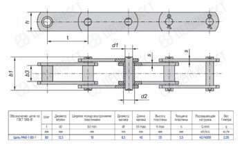 Technical drawing of a chain with rollers and a side view showing dimensions and a parts table (DIN/ГОСТ chain). Includes t, d2, d1, b1, h, s and a specification table for chain M40-1-80-1.