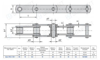 Top and side views of a roller chain with four links, showing rollers, pins, and plate gaps annotated with dimensions and a spec table.