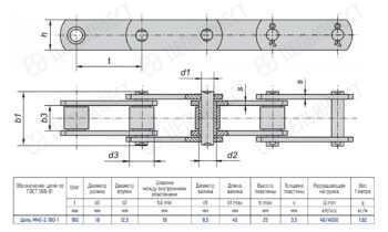 Engineering drawing of a roller chain with top and side views, showing pins, rollers, and dimensions for M40-2-160-1, including pitch t and diameters d1–d3.