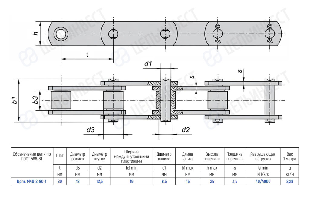 Technical drawing of a roller chain with side and top views, showing dimensions t, d2, d1, h, s, b1, b3, d3 and a spec table (M40-2-80-1) with key values.