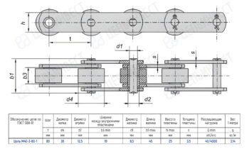 Technical drawing of a roller chain with pins and rollers, showing overall length and key dimensions (t, d4, d2, d1) and plate elements.
