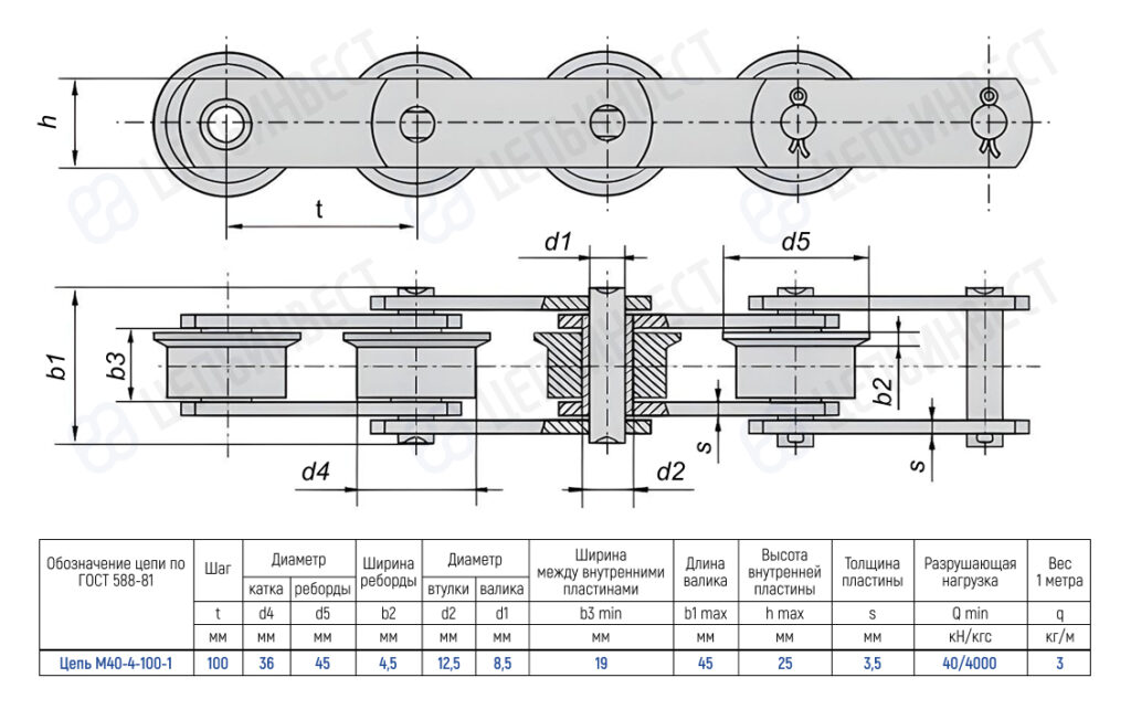 Engineering drawing of a M40-4-100-1 chain conveyor showing top and side views with a dimension table in Russian.
