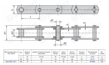 Technical drawing of a roller chain with top and side views and a specification table for chain M56-1-100-1.