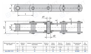 Technical drawing of a roller chain with parallel side plates, pins and rollers, showing dimensions t, d2, b3, d1, b1, h and an accompanying spec table (ГОСТ 588-81).
