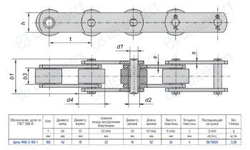 Engineering drawing of a roller chain with side and cross sections, showing dimensions and a ГОСТ table for chain M56-3-160-1