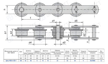 Roller chain with five rollers shown in top and side views; includes inner plates, spacers, and a dimension table for the chain.