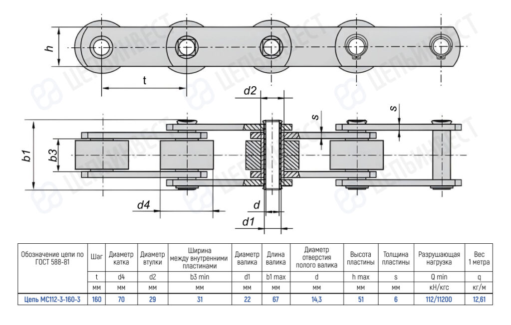 Technical drawing of a roller chain with side and top views, showing dimensions and a specification table for chain MS112-3-160-3