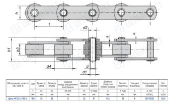 Technical drawing of a roller chain with side and top views, showing dimensions and a specification table for chain MS112-3-160-3