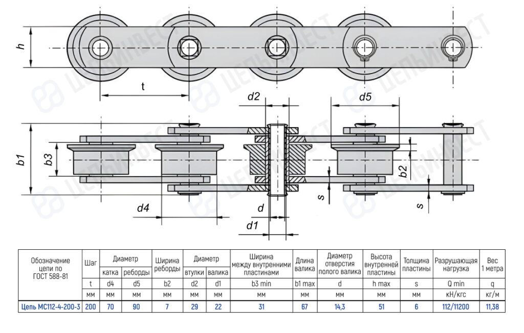 Engineering drawing of a roller chain with five rollers, shown in top and side views, including dimensional labels and a/specification table of chain dimensions and load data.