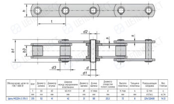 Roller chain technical drawing: top and side views with dimensions and a specification table (t, d3, d2, h, s, q, etc.).
