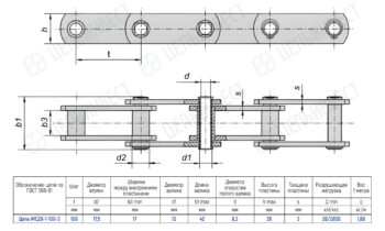 Technical drawing of a roller chain with multiple links, shown from top and side views with a dimension table for MC28-1-100-3.