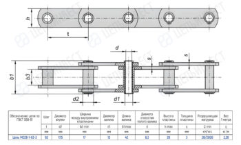 Technical drawing of a four-link roller chain MC28-1-63-3 with top and side views and a dimensions table.
