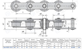 Technical drawing of a roller chain with five rollers, showing top and side views and a dimension table (Russian). Informs about pins, plates, and spacing for a conveyor chain MC28-4-100-3.