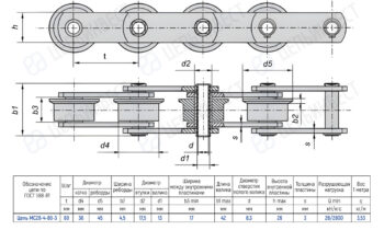 Engineering drawing of a roller chain with five rollers, shown in top and side sectional views with dimension labels (t, d1, d2, d4, s, h) and a spec table.