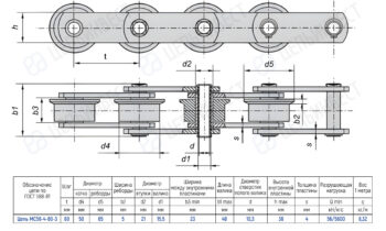 Technical drawing of a roller chain with side and cross-section views, showing pitch, roller diameters, plate widths, and a dimension table.