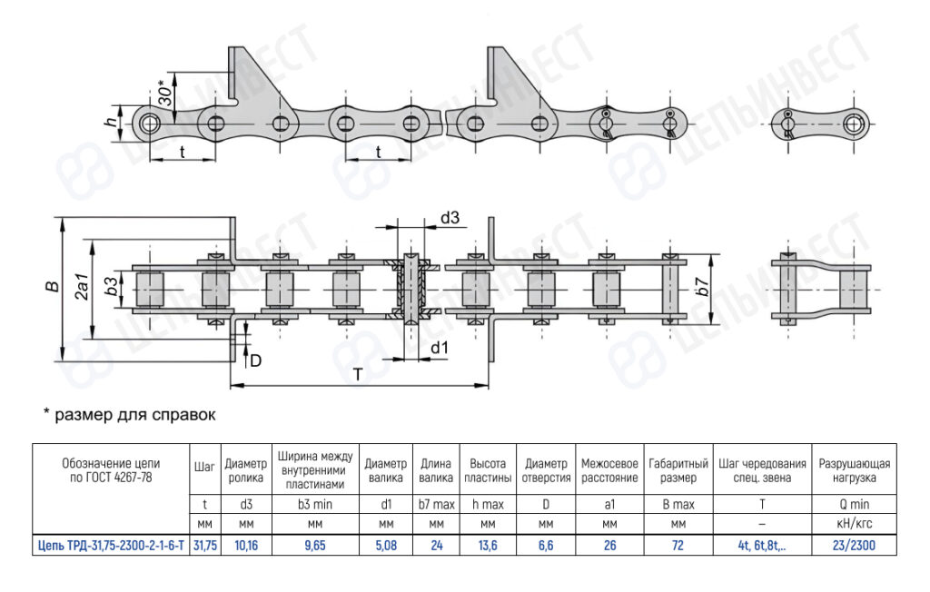 Technical drawing of a roller chain showing side and top views with a dimension table (Russian) listing pitch, widths, diameters, overall length, and load ratings.