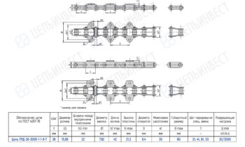 Engineering drawing of a roller chain with multiple views and a specification table (Russian). v2 edition with measured dimensions and tolerances included in the lower table.