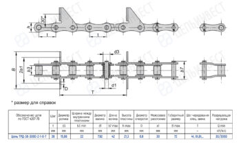 Technical drawing of a roller chain with side and top views and a spec table in Russian.