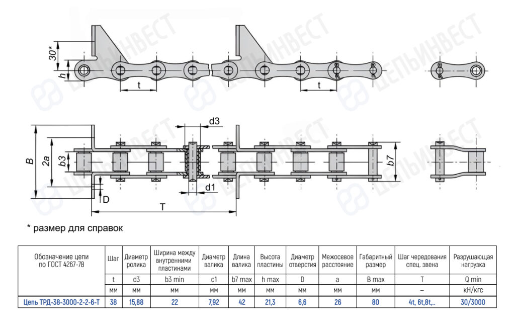 Engineering drawing of a roller chain with side and top views plus a specification table (dimensions and tolerances).