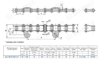 Technical drawing of a roller chain with side and top views, showing pins, plates and rollers, plus a dimension table for ГОСТ chain TRD-38-3000-3-6-Т (dimensions and tolerances).