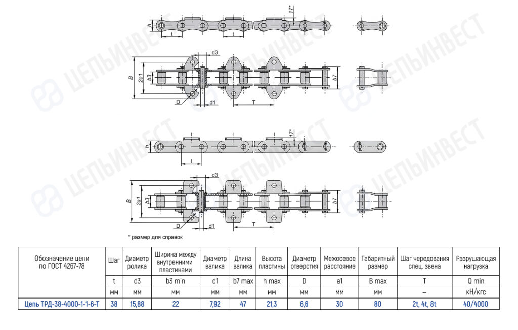 Technical drawing of a roller chain with side and end views and a specification table (dimensions in mm, ГОСТ 4267-78).