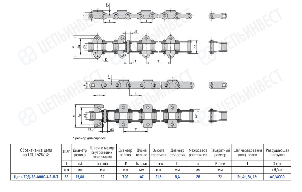 Roller chain diagram (top, side, end views) with a Russian dimensions table for model TRD-38-4000-1-2-8-7