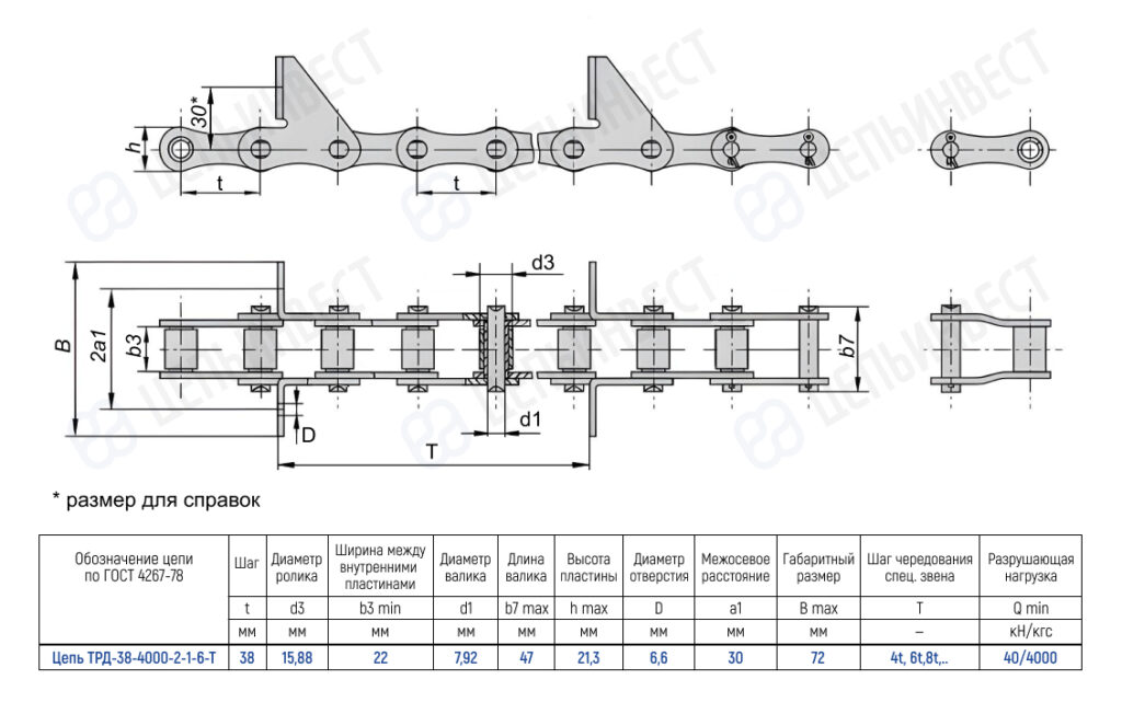 Technical drawing of a roller chain with detailed dimensions and a specifications table (pitch t, inner width b3, pin diameter d1, etc.). Notation includes top and side views with multiple links and plates.