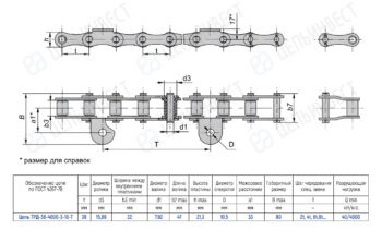 Technical drawing of a roller chain with side and top views, including a spec table for model TRD-38-4000-3-10-T.