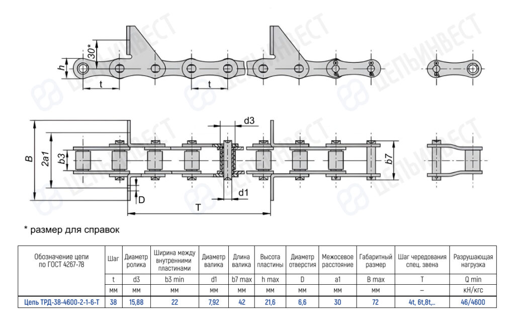 Technical drawing of a roller chain with side plates and pins, shown in multiple views with a dimensioned specification table.