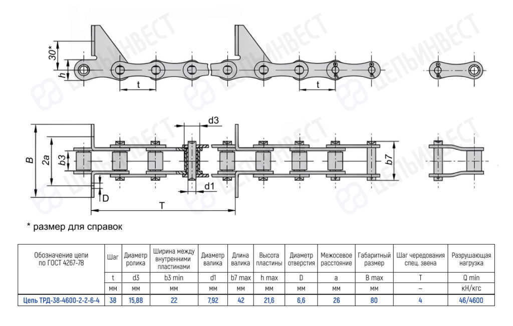 Engineering drawing of a roller chain with side and sectional views and a spec table of dimensions.